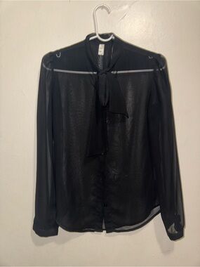 American Apparel Sheer Black Tie-Neck Blouse